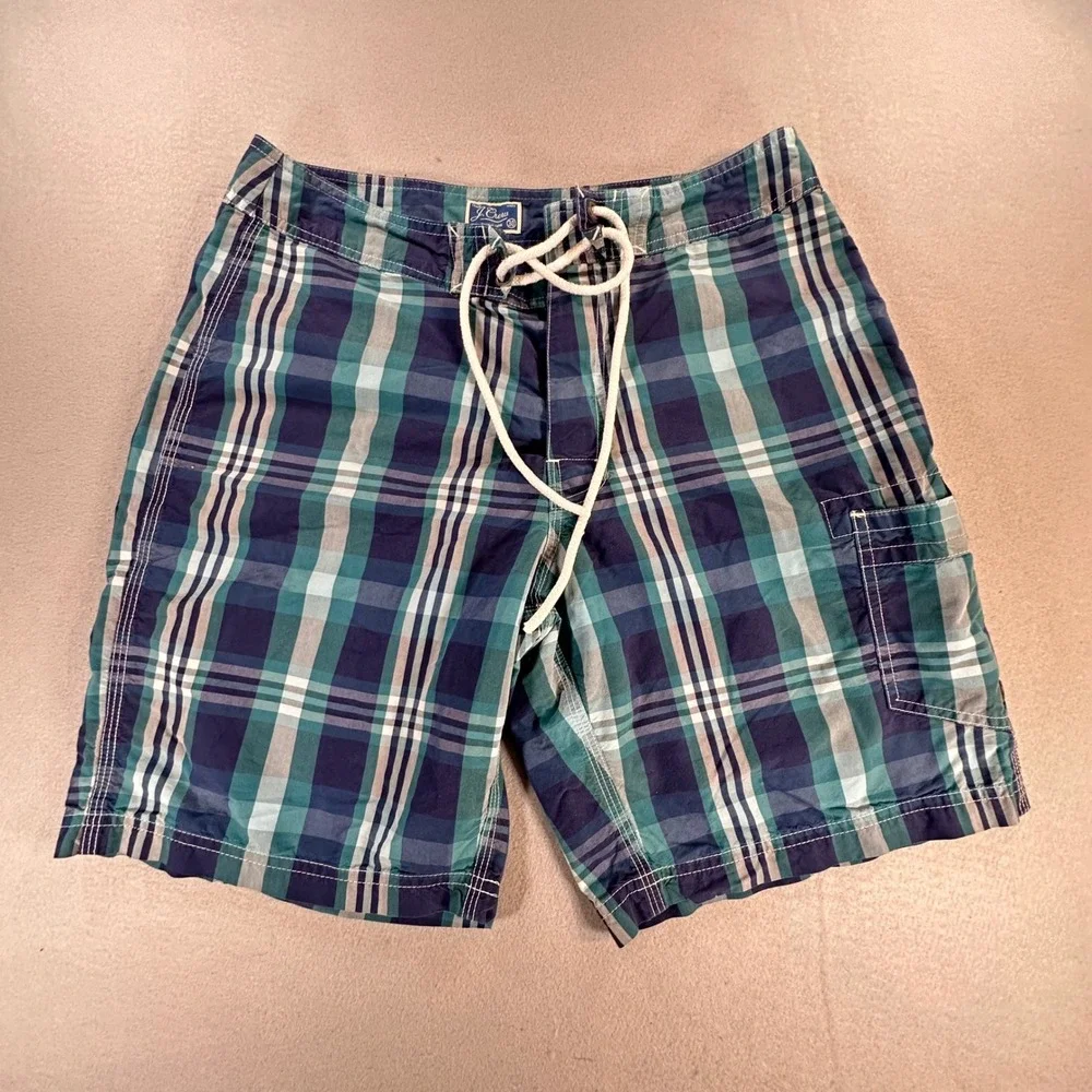 J.Crew‎ Mens Blue Teal Plaid Board Shorts Swim Trunks Size 30 Cargo Pocket